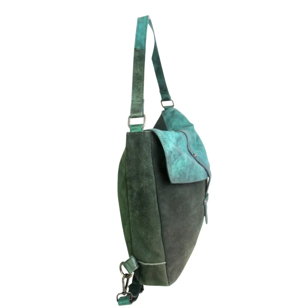 Free People DARK GREEN BLUE REAL LEATHER BACKPACK CONVERTIBLE SHOULDER BAG PURSE
